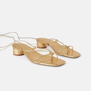 ZARA Gold thin strap heeled sandals kitten heel